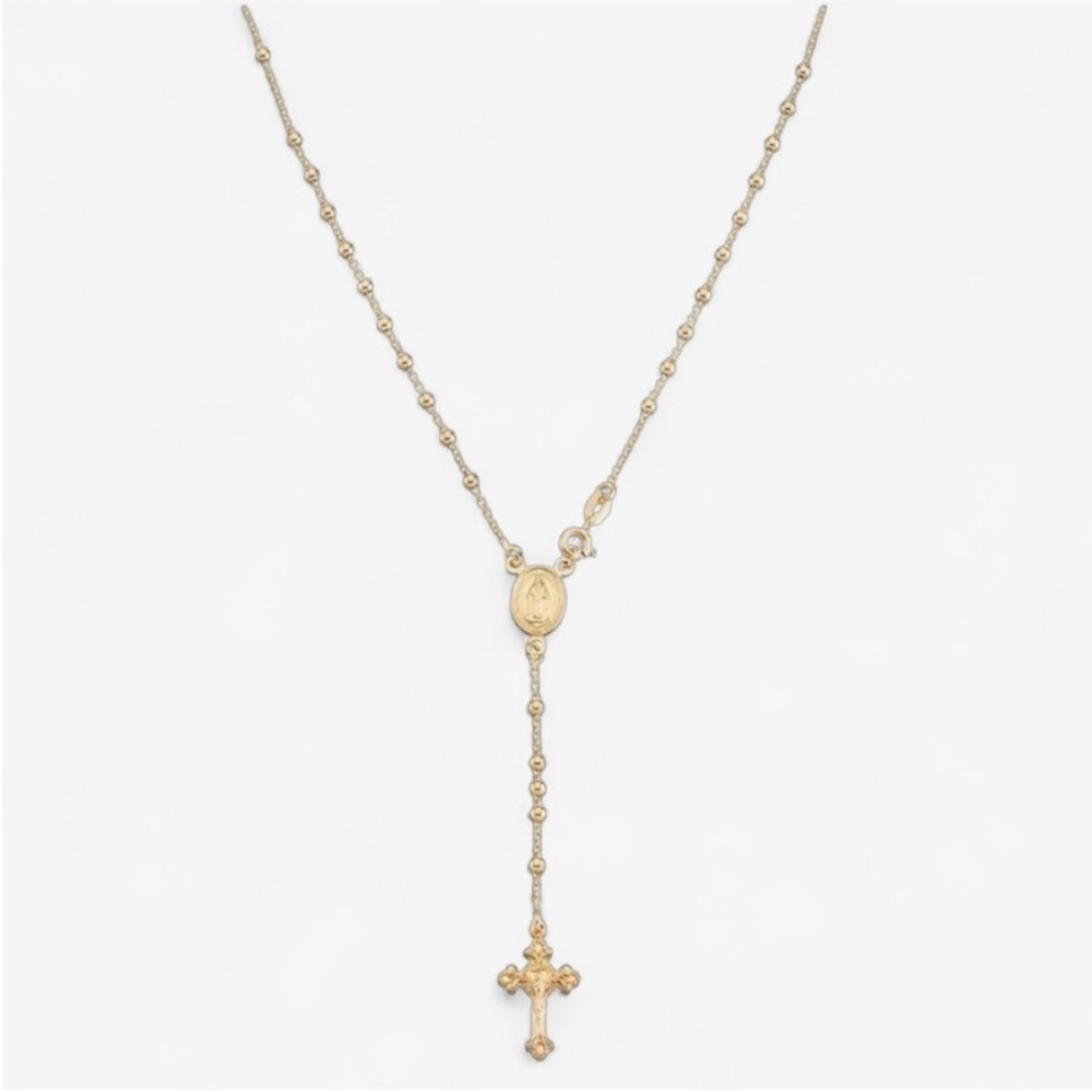 Italian 18K Gold - 925 Sterling Silver Rosary Bead Cross Y Dainty Chain Necklace